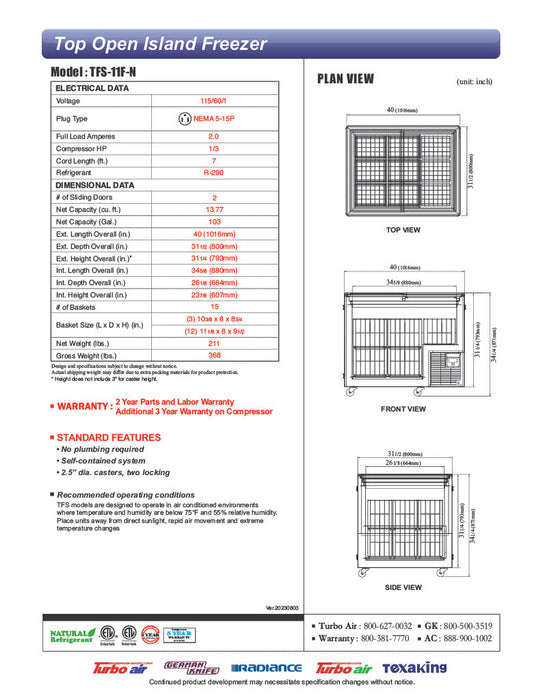 Turbo Air TFS-11F-N 40" Mobile Chest Freezer w/ (15) Baskets - White, 115v - Bakery Wholesalers