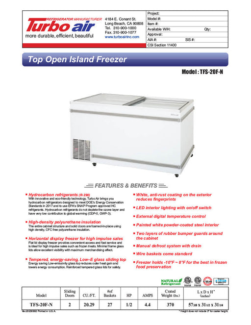 Turbo Air TFS-20F-N 57 3/8" Mobile Chest Freezer w/ (27) Baskets - White, 115v - Bakery Wholesalers