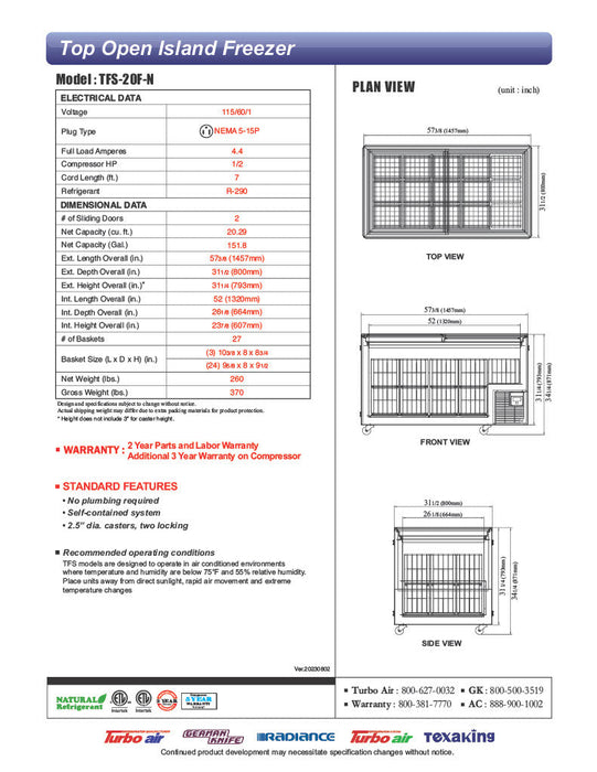 Turbo Air TFS-20F-N 57 3/8" Mobile Chest Freezer w/ (27) Baskets - White, 115v - Bakery Wholesalers