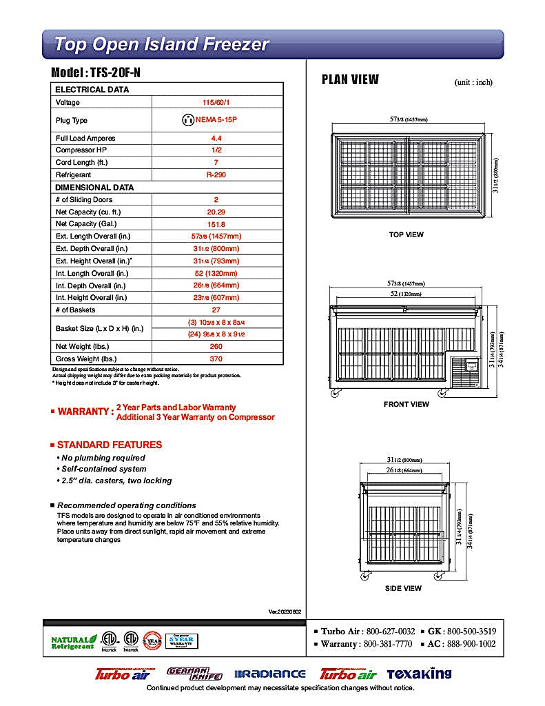 Turbo Air TFS-20F-N 57 3/8" Mobile Chest Freezer w/ (27) Baskets - White, 115v - Donut-Equipment.com