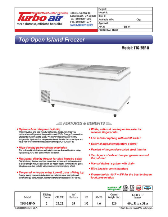 Turbo Air TFS-25F-N 69" Mobile Chest Freezer w/ (33) Baskets - White, 115v - Bakery Wholesalers