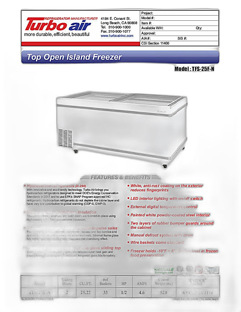 Turbo Air TFS-25F-N 69" Mobile Chest Freezer w/ (33) Baskets - White, 115v - Donut-Equipment.com