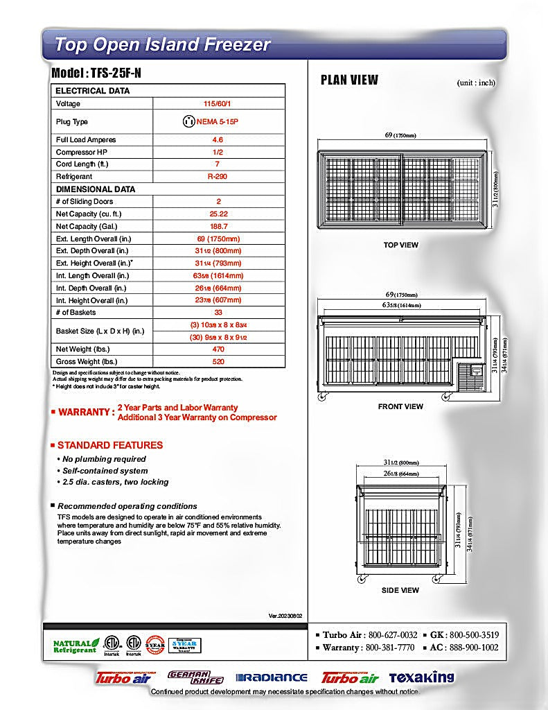 Turbo Air TFS-25F-N 69" Mobile Chest Freezer w/ (33) Baskets - White, 115v - Donut-Equipment.com