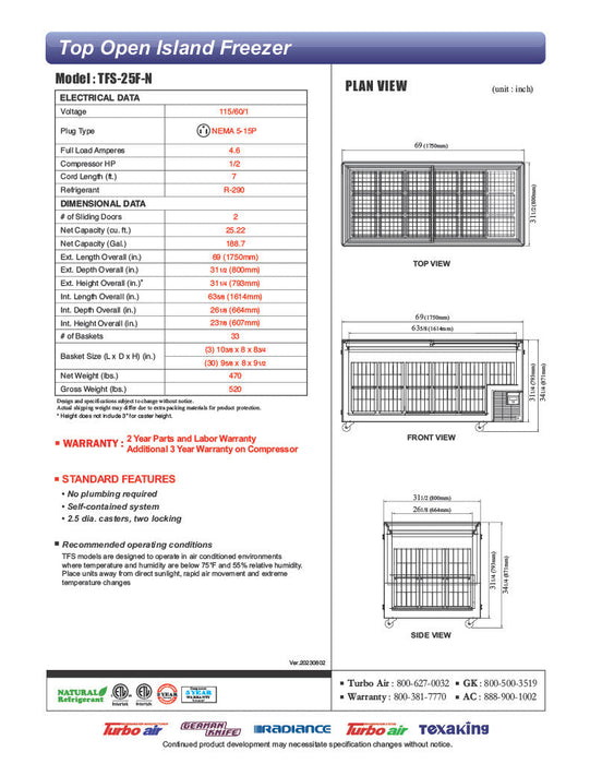 Turbo Air TFS-25F-N 69" Mobile Chest Freezer w/ (33) Baskets - White, 115v - Bakery Wholesalers