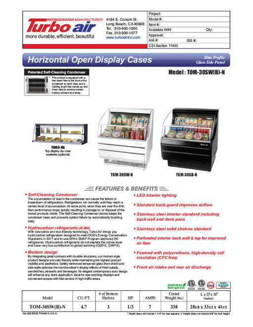 Turbo Air TOM-30SW-N 28" Slim Line Horizontal Open Air Cooler w/ (3) Levels – White Exterior, 115v - Bakery Wholesalers