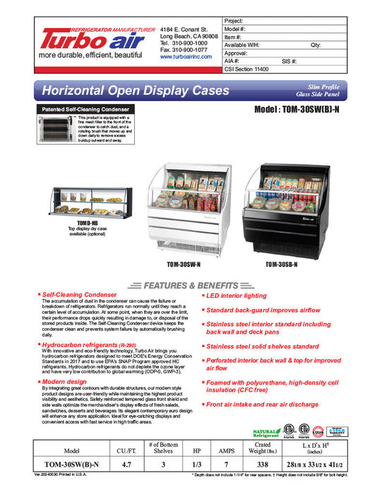 Turbo Air TOM-30SW-N 28" Slim Line Horizontal Open Air Cooler w/ (3) Levels – White Exterior, 115v - Bakery Wholesalers