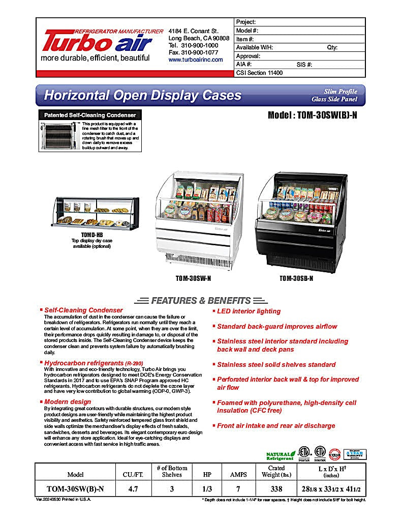 Turbo Air TOM-30SB-N 28" Slim Line Horizontal Open Air Cooler w/ (3) Levels – Black Exterior, 115v - Donut-Equipment.com