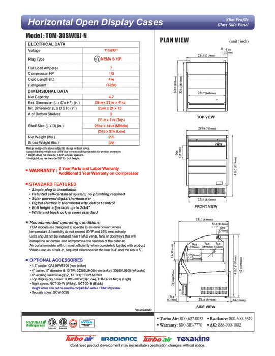Turbo Air TOM-30SW-N 28" Slim Line Horizontal Open Air Cooler w/ (3) Levels – White Exterior, 115v - Bakery Wholesalers