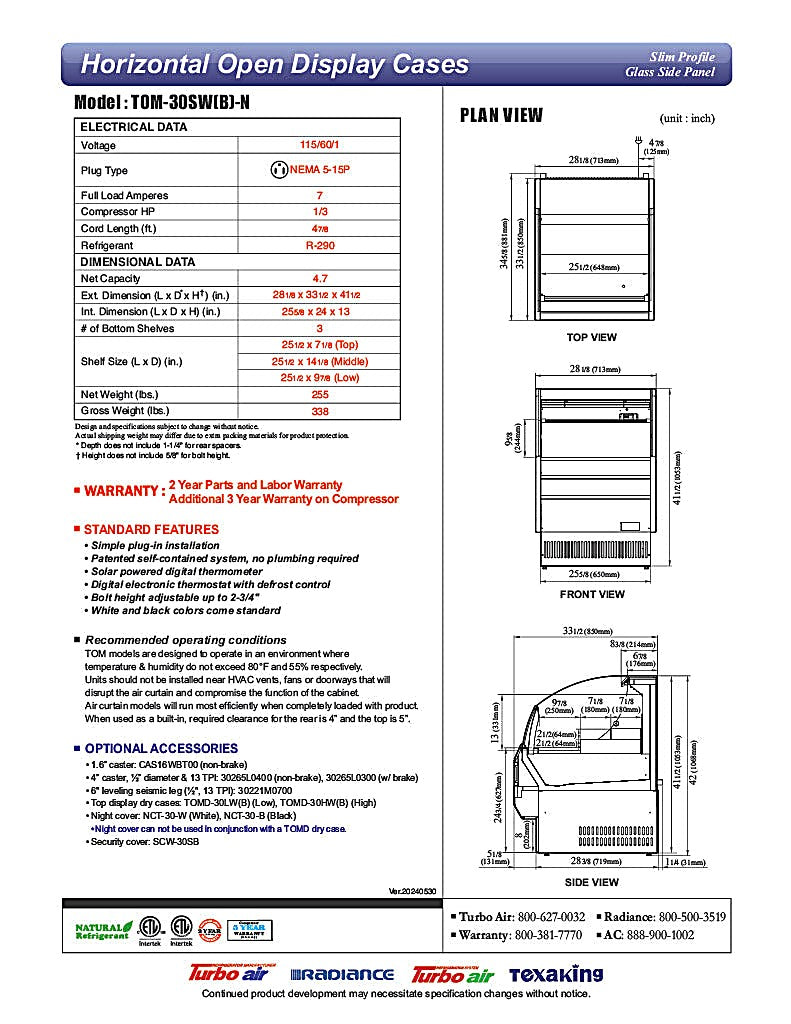 Turbo Air TOM-30SB-N 28" Slim Line Horizontal Open Air Cooler w/ (3) Levels – Black Exterior, 115v - Donut-Equipment.com