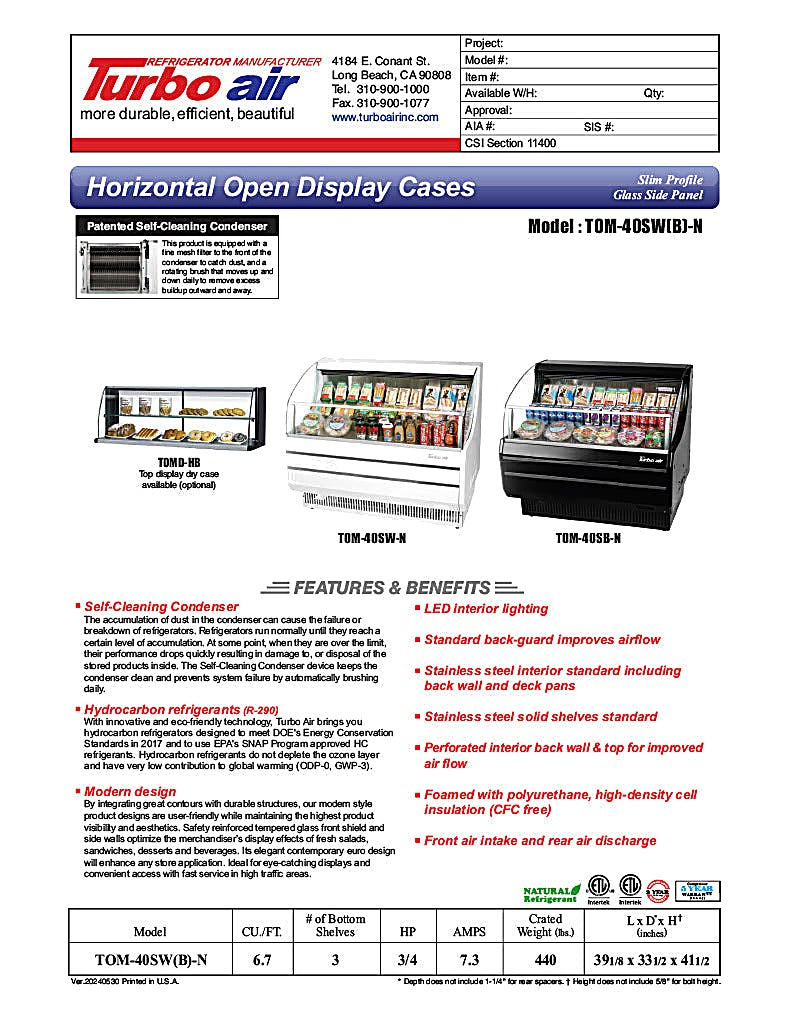 Turbo Air TOM-40SB-N 39" Slim Line Horizontal Open Air Cooler w/ (3) Levels – Black Exterior, 115v - Donut-Equipment.com