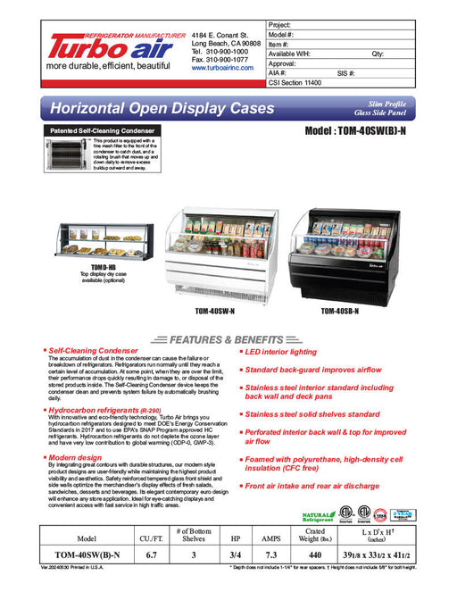 Turbo Air TOM-40SB-N 39" Slim Line Horizontal Open Air Cooler w/ (3) Levels – Black Exterior, 115v - Bakery Wholesalers