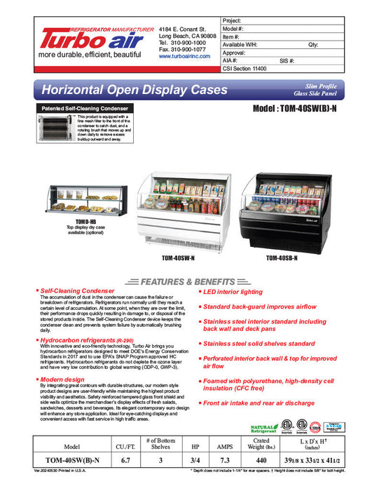 Turbo Air TOM-40SB-N 39" Slim Line Horizontal Open Air Cooler w/ (3) Levels – Black Exterior, 115v - Bakery Wholesalers