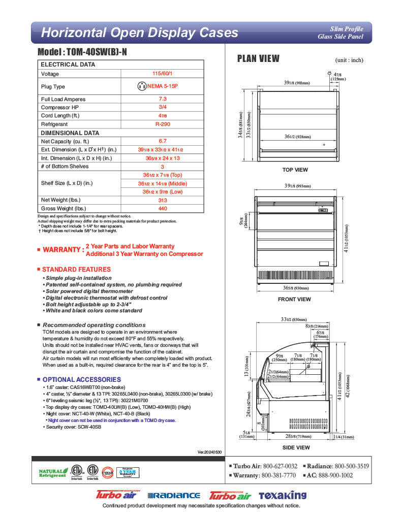 Turbo Air TOM-40SB-N 39" Slim Line Horizontal Open Air Cooler w/ (3) Levels – Black Exterior, 115v - Donut-Equipment.com