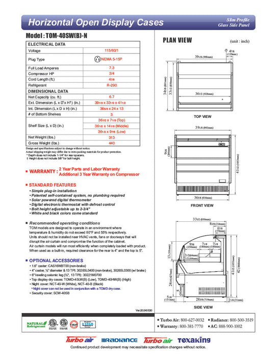 Turbo Air TOM-40SW-N 39" Slim Line Horizontal Open Air Cooler w/ (3) Levels – White Exterior, 115v - Bakery Wholesalers