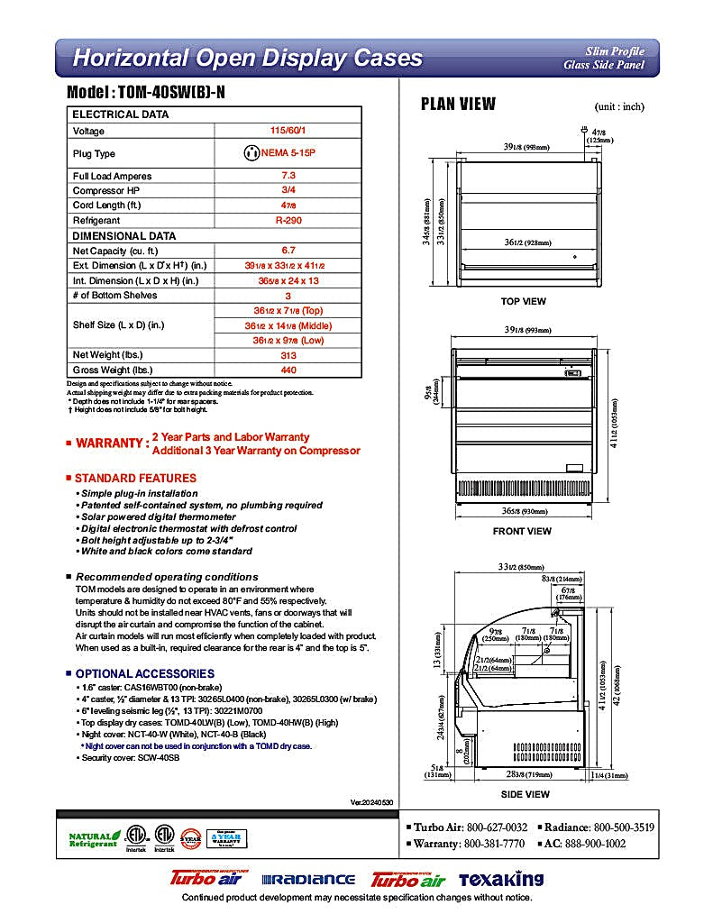Turbo Air TOM-40SB-N 39" Slim Line Horizontal Open Air Cooler w/ (3) Levels – Black Exterior, 115v - Donut-Equipment.com