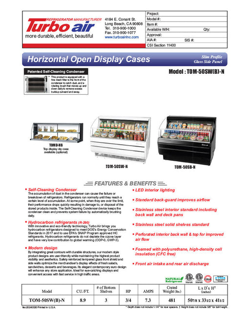 Turbo Air TOM-50SW-N 50 3/4" Slim Line Horizontal Open Air Cooler w/ (3) Levels – White Exterior, 115v - Bakery Wholesalers