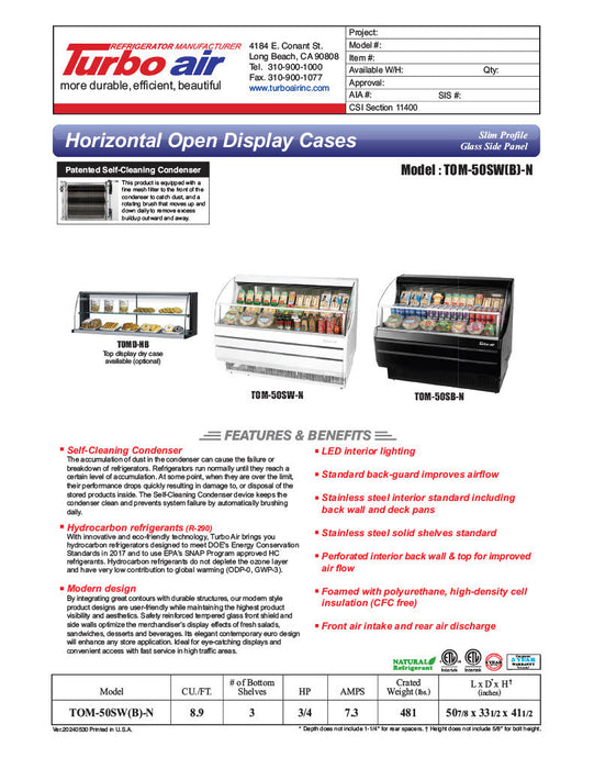 Turbo Air TOM-50SW-N 50 3/4" Slim Line Horizontal Open Air Cooler w/ (3) Levels – White Exterior, 115v - Bakery Wholesalers