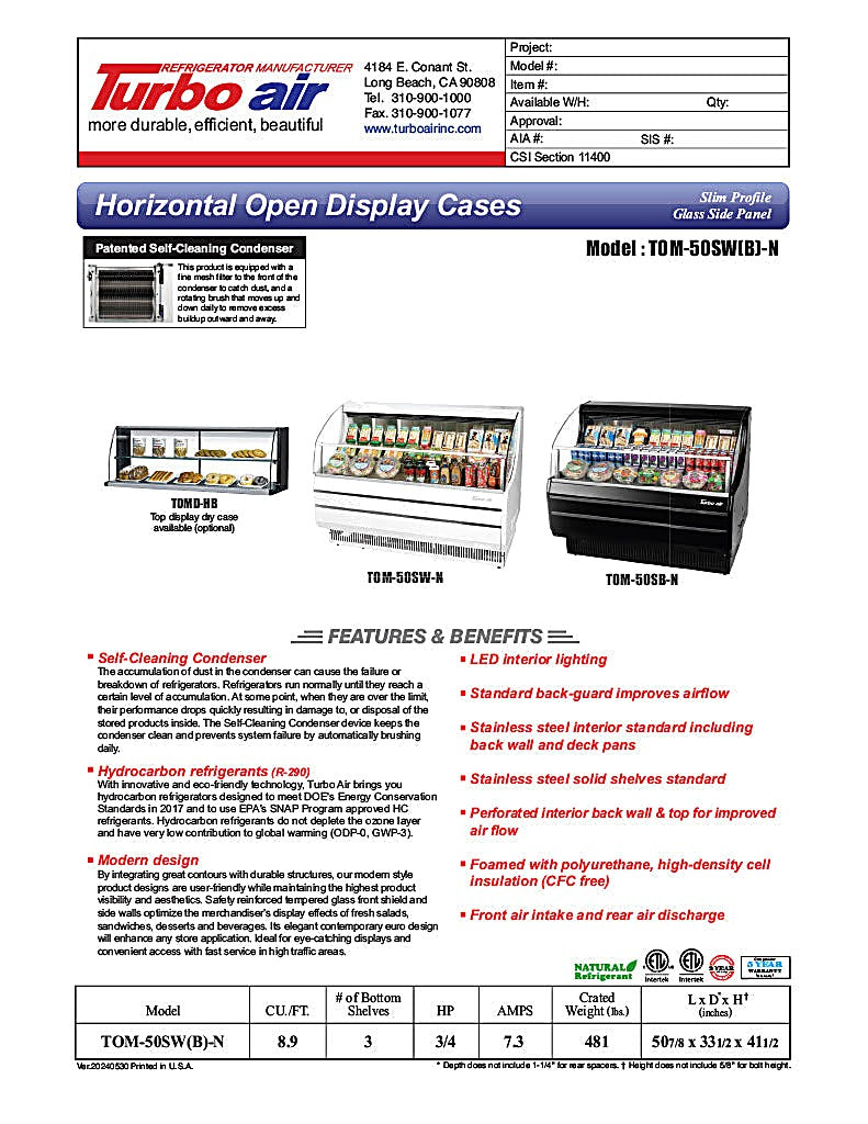 Turbo Air TOM-50SB-N 50 3/4" Slim Line Horizontal Open Air Cooler w/ (3) Levels – Black Exterior, 115v - Donut-Equipment.com