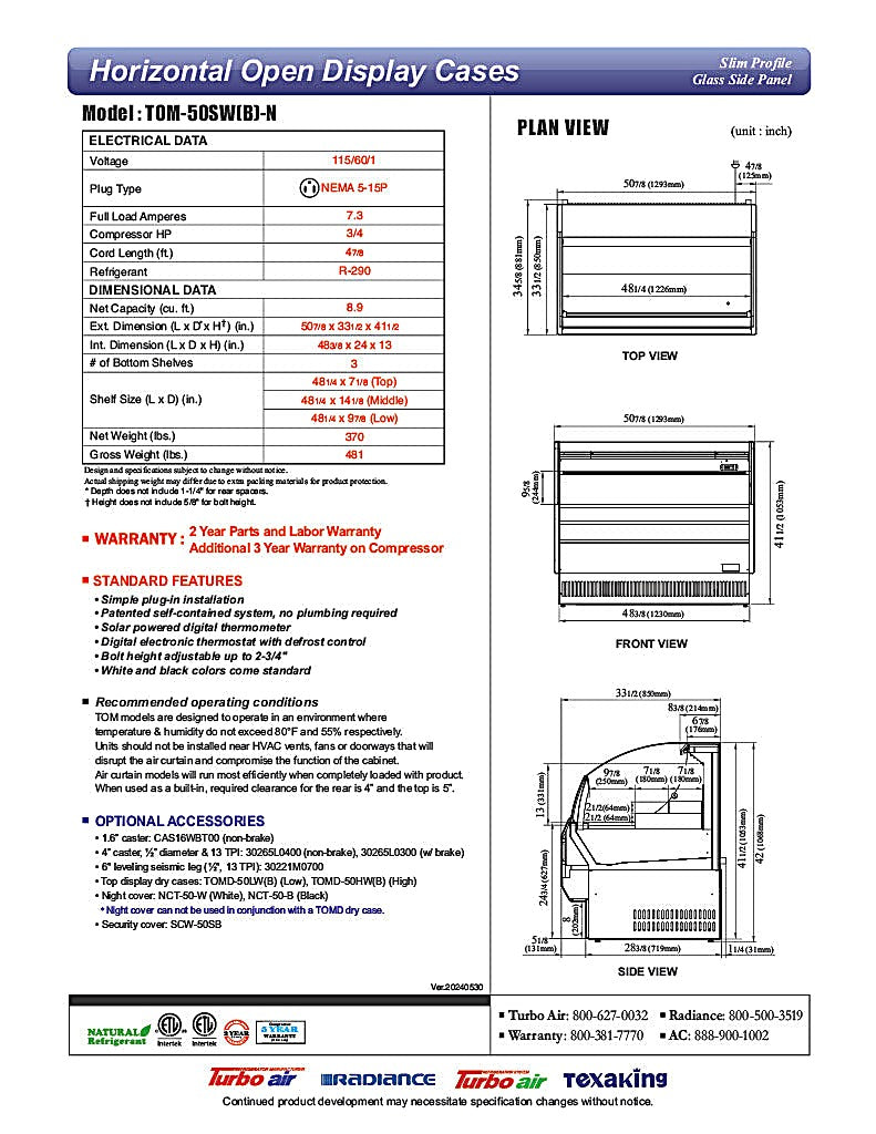 Turbo Air TOM-50SB-N 50 3/4" Slim Line Horizontal Open Air Cooler w/ (3) Levels – Black Exterior, 115v - Donut-Equipment.com