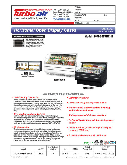 Turbo Air TOM-60SW-N 63" Slim Line Horizontal Open Air Cooler w/ (3) Levels – White Exterior, 115v - Bakery Wholesalers