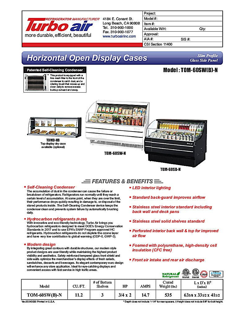 Turbo Air TOM-60SB-N 63" Slim Line Horizontal Open Air Cooler w/ (3) Levels – Black Exterior, 115v - Donut-Equipment.com