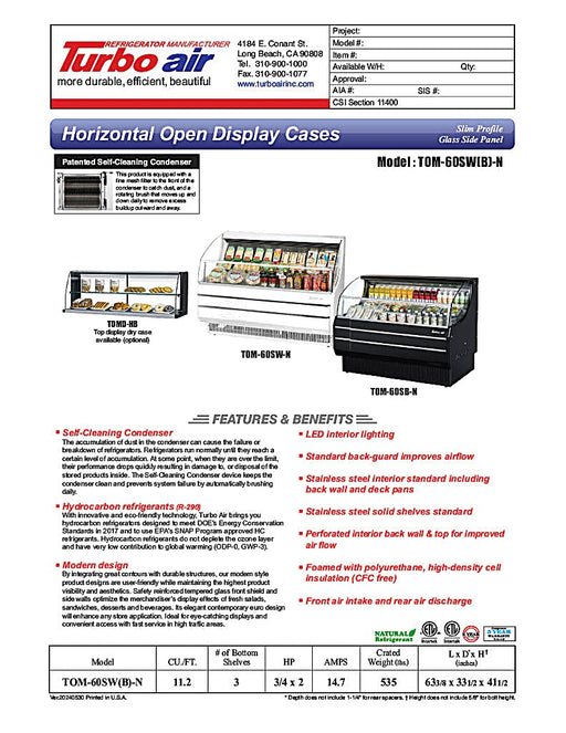Turbo Air TOM-60SB-N 63" Slim Line Horizontal Open Air Cooler w/ (3) Levels – Black Exterior, 115v - Donut-Equipment.com