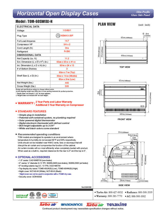 Turbo Air TOM-60SW-N 63" Slim Line Horizontal Open Air Cooler w/ (3) Levels – White Exterior, 115v - Bakery Wholesalers
