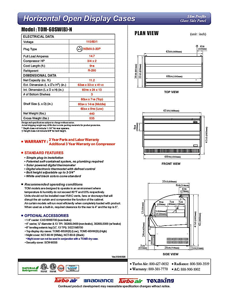 Turbo Air TOM-60SB-N 63" Slim Line Horizontal Open Air Cooler w/ (3) Levels – Black Exterior, 115v - Donut-Equipment.com