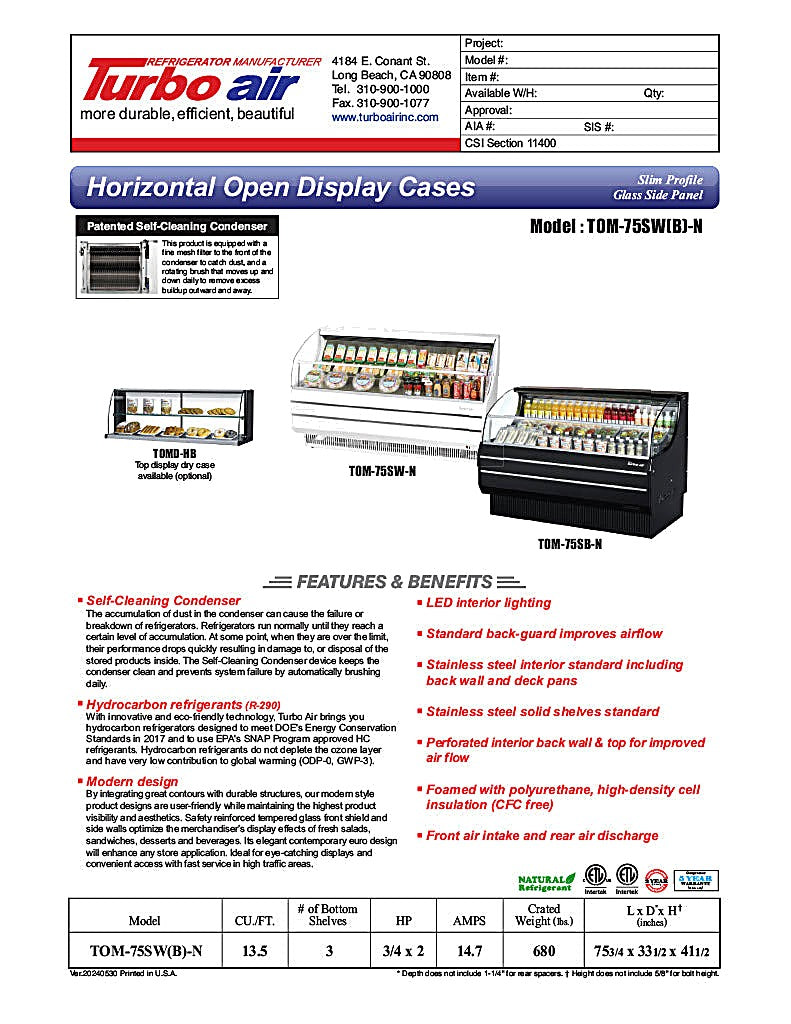 Turbo Air TOM-75SB-N 75 5/8" Slim Line Horizontal Open Air Cooler w/ (3) Levels – Black Exterior, 115v - Donut-Equipment.com