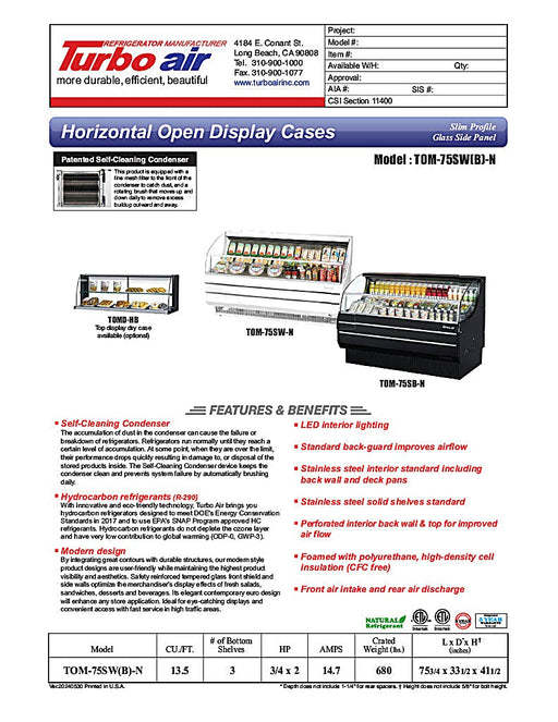 Turbo Air TOM-75SB-N 75 5/8" Slim Line Horizontal Open Air Cooler w/ (3) Levels – Black Exterior, 115v - Donut-Equipment.com