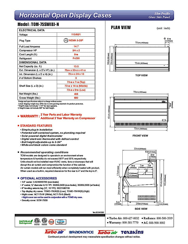 Turbo Air TOM-75SB-N 75 5/8" Slim Line Horizontal Open Air Cooler w/ (3) Levels – Black Exterior, 115v - Donut-Equipment.com
