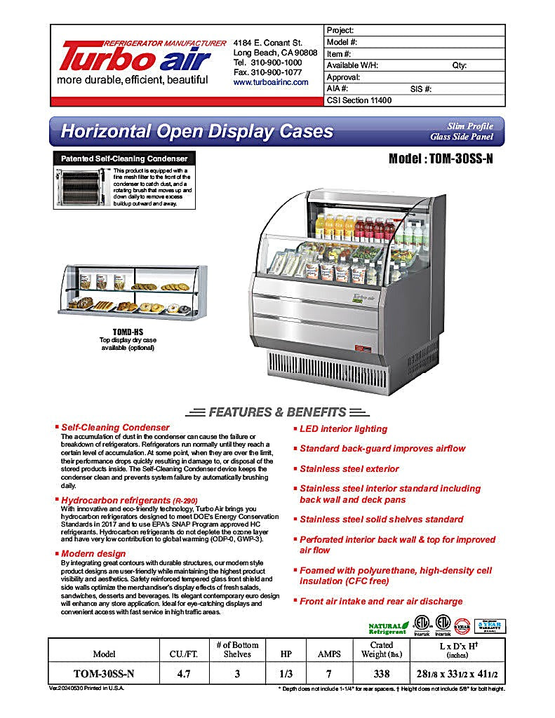 Turbo Air TOM-30SS-N 28 1/8" Horizontal Open Air Cooler w/ (3) Levels, 115 - Donut-Equipment.com