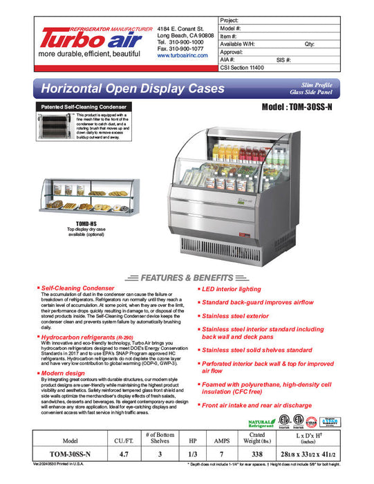 Turbo Air TOM-30SS-N 28 1/8" Horizontal Open Air Cooler w/ (3) Levels, 115 - Bakery Wholesalers