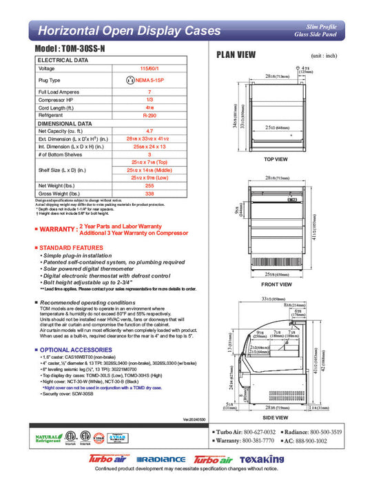Turbo Air TOM-30SS-N 28 1/8" Horizontal Open Air Cooler w/ (3) Levels, 115 - Bakery Wholesalers