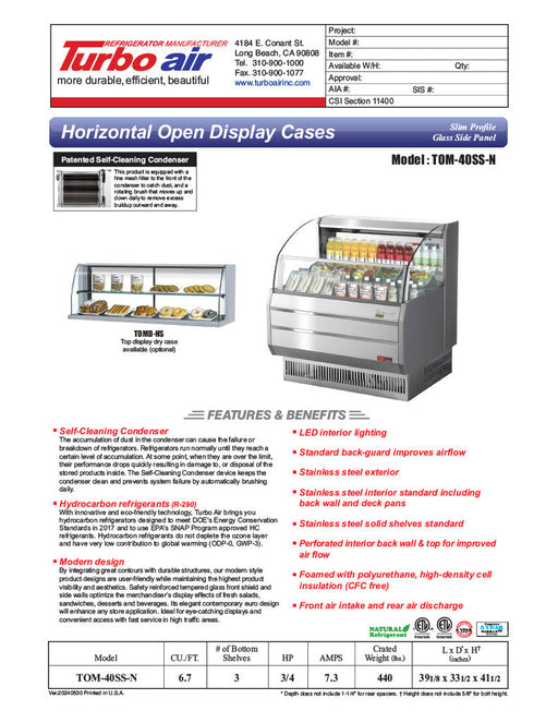 Turbo Air TOM-40SS-N 39" Slim Line Horizontal Open Air Cooler w/ (2) Levels – Stainless Steel Exterior, 115v - Bakery Wholesalers