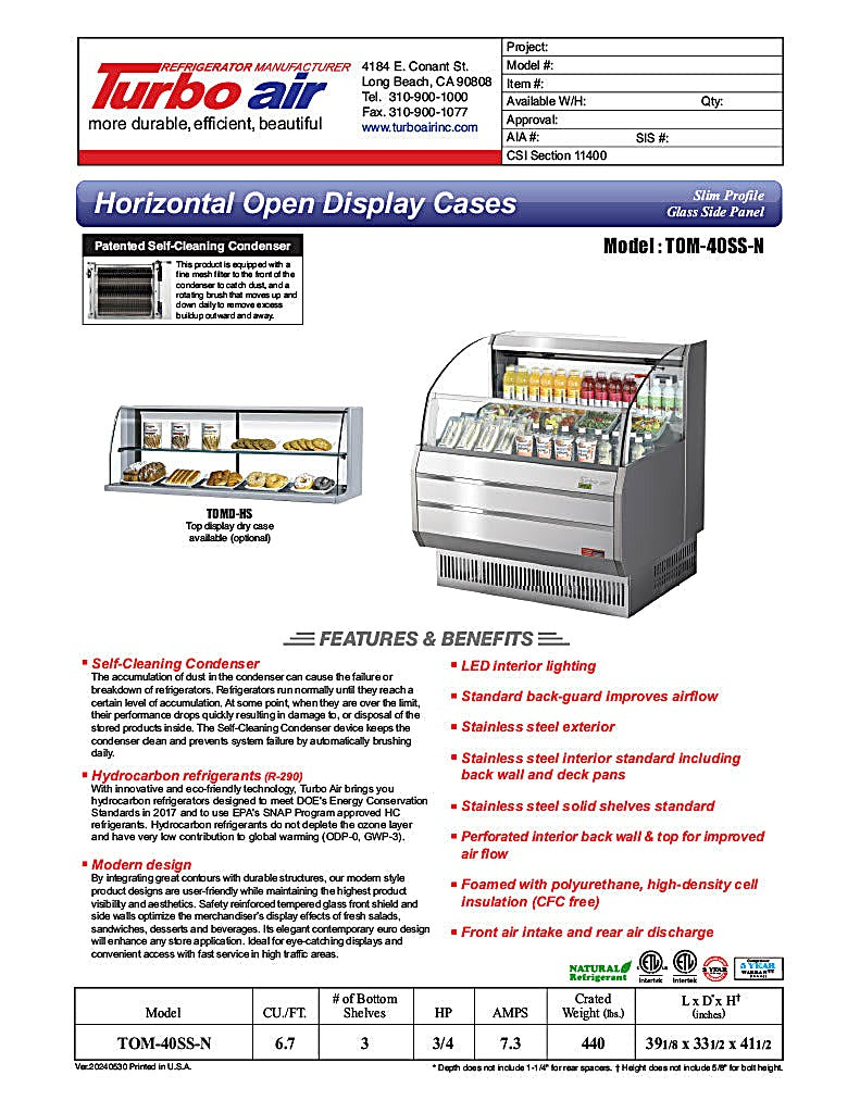 Turbo Air TOM-40SS-N 39" Slim Line Horizontal Open Air Cooler w/ (2) Levels – Stainless Steel Exterior, 115v - Donut-Equipment.com