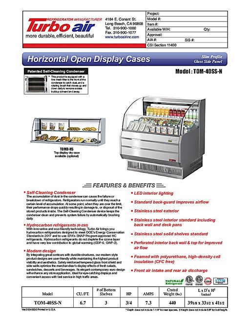 Turbo Air TOM-40SS-N 39" Slim Line Horizontal Open Air Cooler w/ (2) Levels – Stainless Steel Exterior, 115v - Donut-Equipment.com