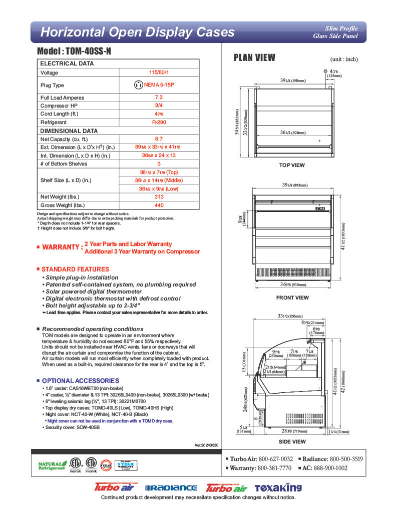 Turbo Air TOM-40SS-N 39" Slim Line Horizontal Open Air Cooler w/ (2) Levels – Stainless Steel Exterior, 115v - Donut-Equipment.com