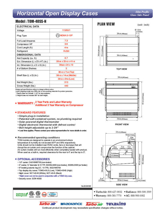 Turbo Air TOM-40SS-N 39" Slim Line Horizontal Open Air Cooler w/ (2) Levels – Stainless Steel Exterior, 115v - Bakery Wholesalers