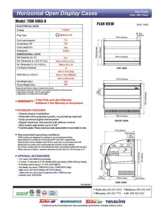 Turbo Air TOM-50SS-N 50 3/4" Slim Line Horizontal Open Air Cooler w/ (3) Levels – Stainless Steel Exterior, 115v - Bakery Wholesalers