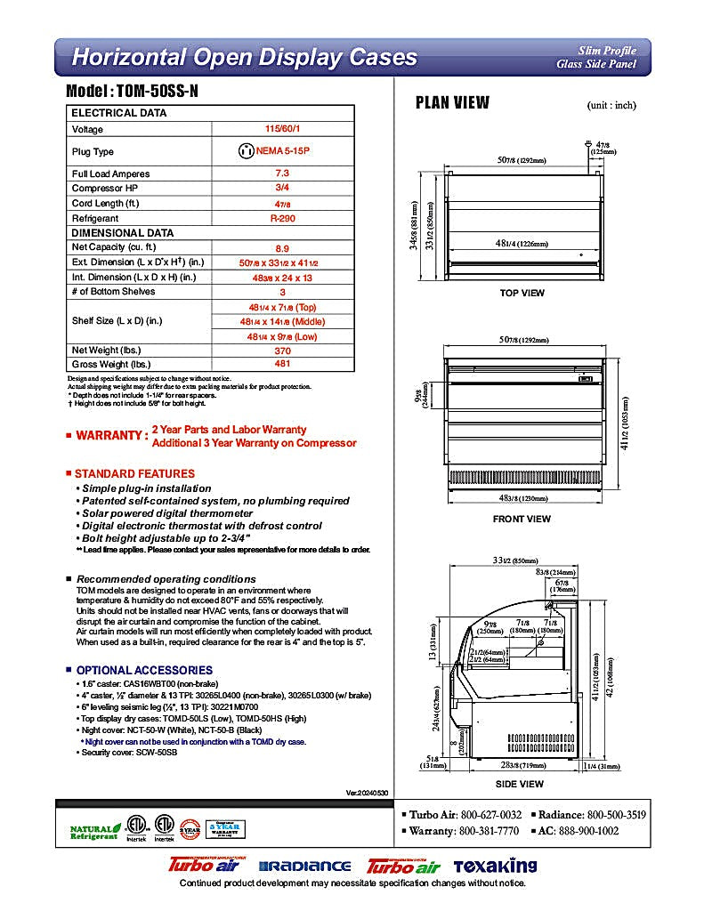 Turbo Air TOM-50SS-N 50 3/4" Slim Line Horizontal Open Air Cooler w/ (3) Levels – Stainless Steel Exterior, 115v - Donut-Equipment.com