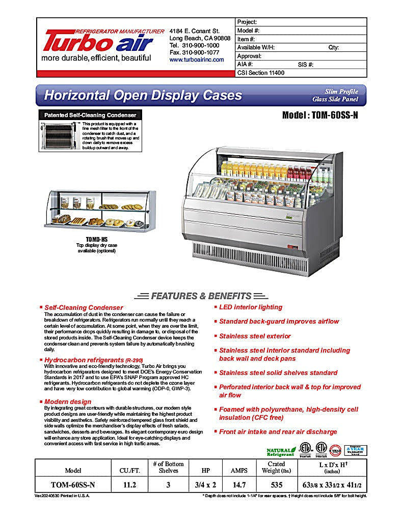 Turbo Air TOM-60SS-N 63 3/8" Slim Line Horizontal Open Air Cooler w/ (3) Shelves – Stainless Steel Exterior, 115v - Donut-Equipment.com
