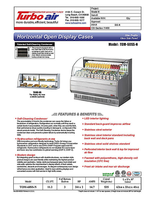 Turbo Air TOM-60SS-N 63 3/8" Slim Line Horizontal Open Air Cooler w/ (3) Shelves – Stainless Steel Exterior, 115v - Donut-Equipment.com
