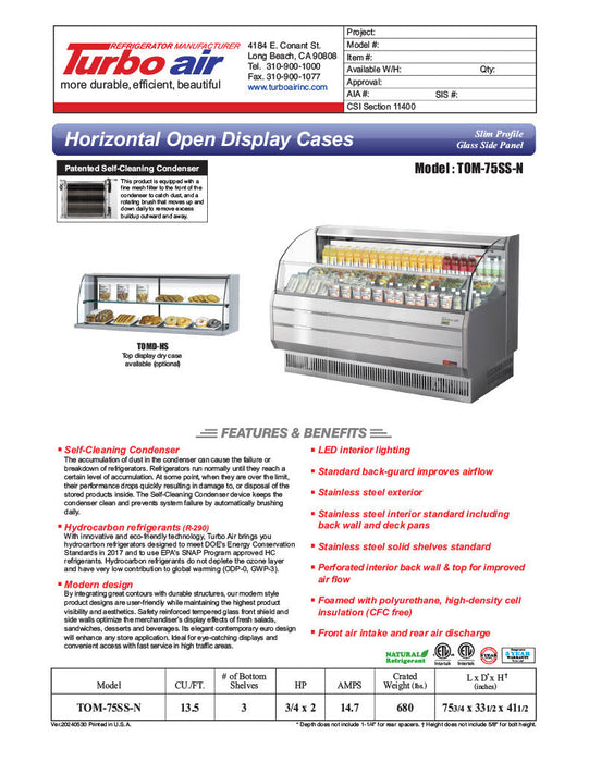 Turbo Air TOM-75SS-N 75 3/4" Slim Line Horizontal Open Air Cooler w/ (3) Shelves – Stainless Steel Exterior, 115v - Bakery Wholesalers