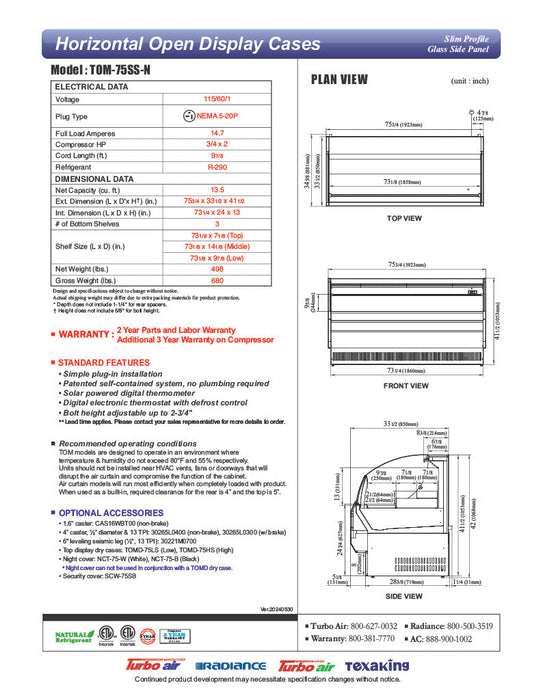 Turbo Air TOM-75SS-N 75 3/4" Slim Line Horizontal Open Air Cooler w/ (3) Shelves – Stainless Steel Exterior, 115v - Bakery Wholesalers