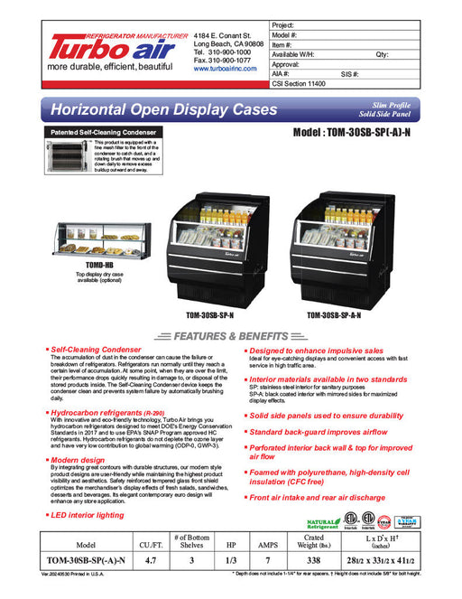 Turbo Air TOM-30SB-SP-N 28" Black Horizontal Refrigerated Open Curtain Merchandiser w/ Stainless Steel Interior – Slim Line, 115v - Bakery Wholesalers