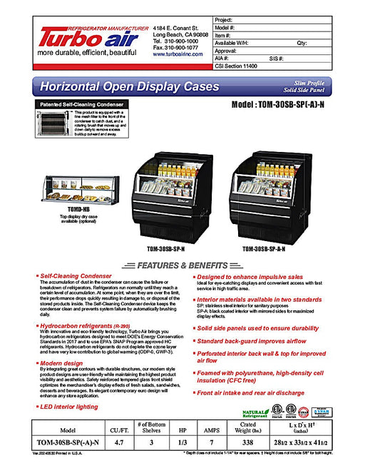 Turbo Air TOM-30SB-SP-N 28" Black Horizontal Refrigerated Open Curtain Merchandiser w/ Stainless Steel Interior – Slim Line, 115v - Donut-Equipment.com