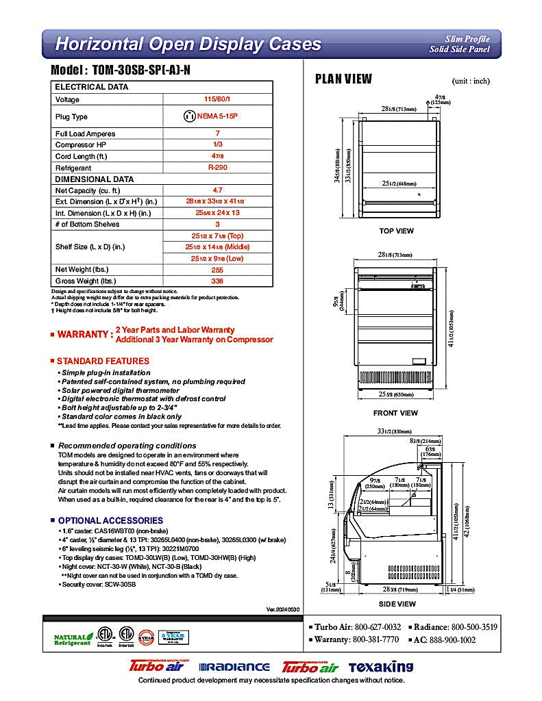 Turbo Air TOM-30SB-SP-N 28" Black Horizontal Refrigerated Open Curtain Merchandiser w/ Stainless Steel Interior – Slim Line, 115v - Donut-Equipment.com