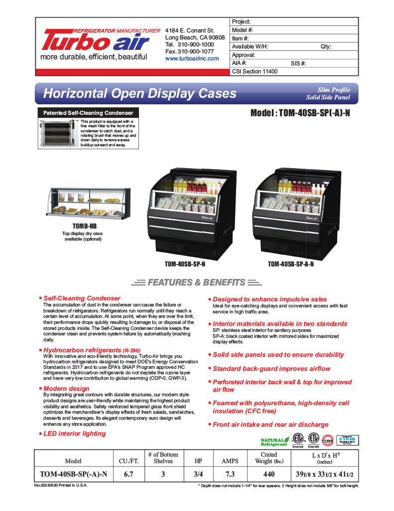 Turbo Air TOM-40SB-SP-N 39 1/8" Black Horizontal Open Air Cooler w/ (3) Levels, Stainless Steel Interior – Slim Line, 115v - Donut-Equipment.com