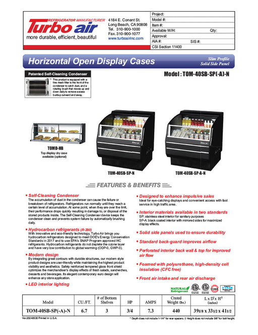 Turbo Air TOM-40SB-SP-N 39 1/8" Black Horizontal Open Air Cooler w/ (3) Levels, Stainless Steel Interior – Slim Line, 115v - Bakery Wholesalers